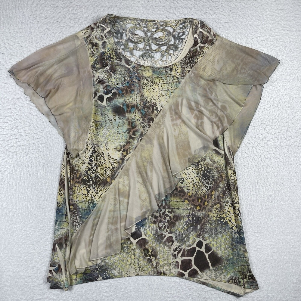 Style & Co Shirt Womens 2X Beige Animal Print Tiered Butterfly Sheer Ruffle Top
